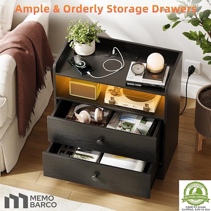 2 Pack Nightstand with Charging Station and LED Light, Modern Nightstand with USB Ports and Outlets, Wooden Bedside Table with 2 Storage Drawers, Small Dresser for Bedroom Small Space, Black