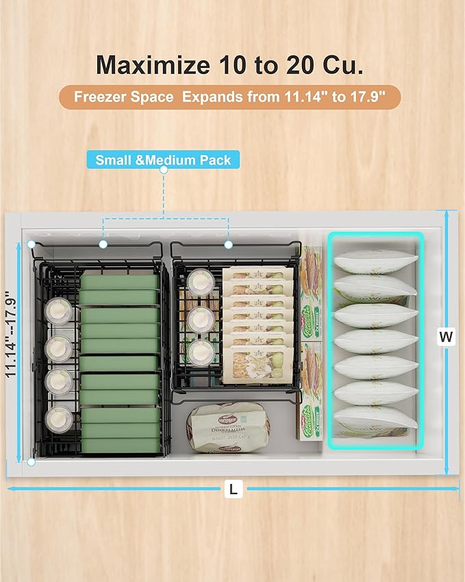 UMDONX 4 Pack Expandable Freezer Organizer Bins Large Freezer organizer Bins Stackable 11.4" Expand to 17.9", Fit 10 to 20 Cu.FT Black