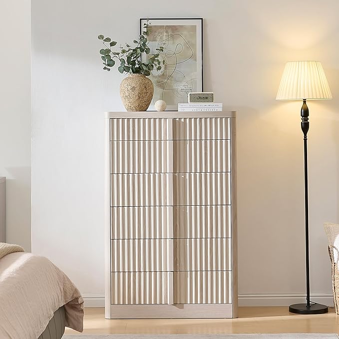 Fluted Dresser for Bedroom, Chest of Drawers, 48" Tall 6 Drawer Dresser, Curved Profile Design, Modern Wooden Chest of Drawers with Solid Wood Handle for Living Room, Bedroom, Hallway