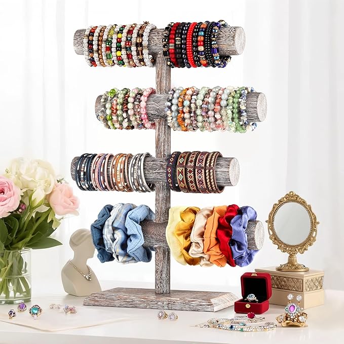 LadyRosian 4 Tier Wooden Display Jewelry Accessory Stand Jewelry Bracelet Holder Bangle Watch Necklace Storage Jewelry Holder Stand Display Organizer, (Antique White-4 layers)
