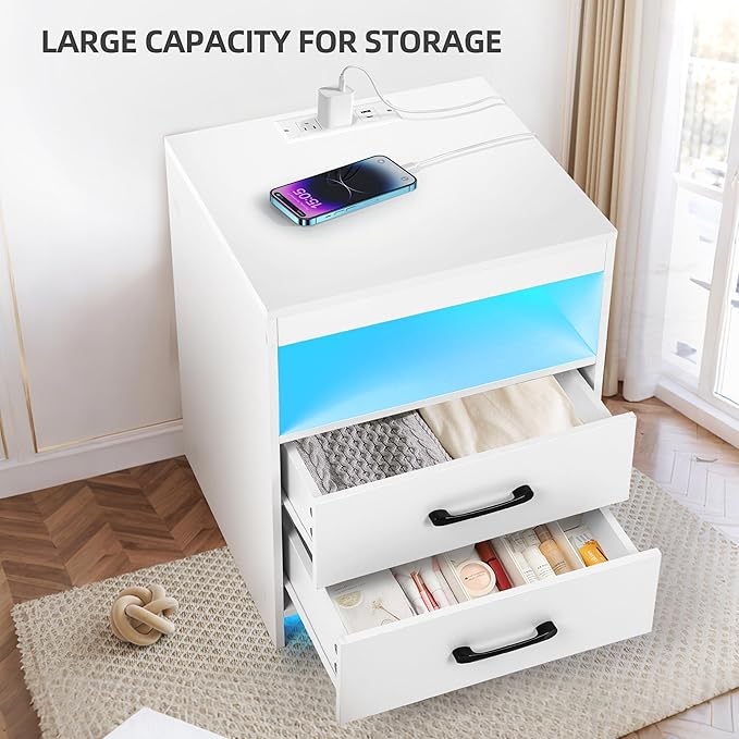 Night Stand with Charging Station and Ambient Light, LED Nightstand with USB-C Ports and Outlets, Morden Bedside Table with 2 Drawers and Open Compartment, End Table for Bedroom, White