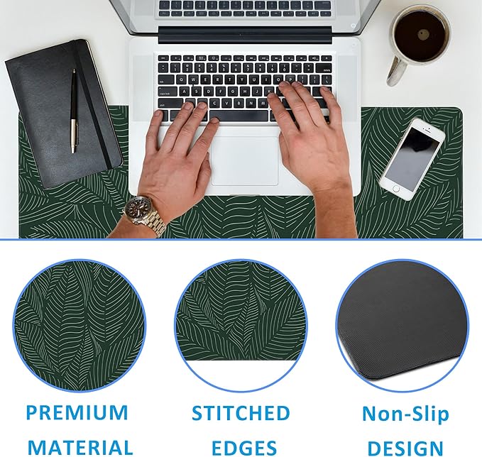Golden Tropical Leaf Large Gaming Mouse Pad,Waterproof Desk Mat for Desktop,Non-Slip Rubber Base Mousepad with Stitched Edges for Laptop Office and Home 35.4X15.7 Inch