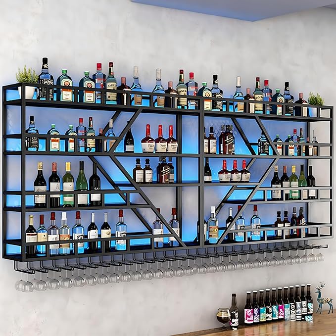 79inch Metal Wine Rack Wall Mounted, Modern Wine Storage Rack Wall Mounted with Wine Glass Holder, Liquor Shelf, Bar Shelves for Liquor Bottles (4 Tiers Black, 79 * 7.87 * 48.5INCH)