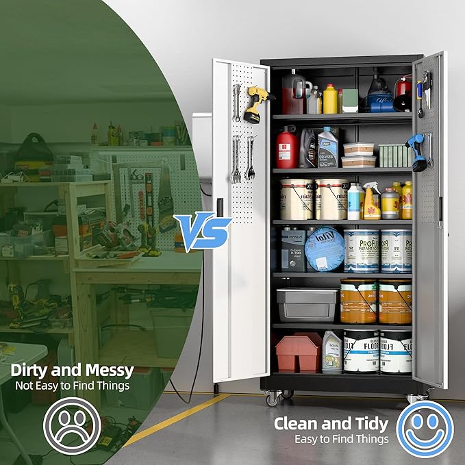 Upgraded Wide & Deep Metal Garage Storage Cabinet with Wheels & Pegboard, Lockable Metal Storage Cabinets with 2 Doors&5 Adjustable Shelves for Garage&Home,Assembly Required,Black Gray