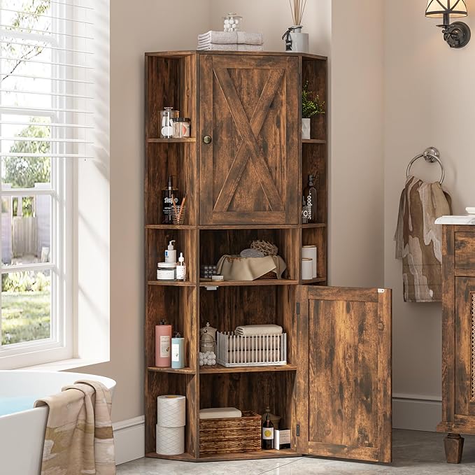 Farmhouse Corner Cabinet with Storage, Tall Corner Storage Cabinet with Adjustable Shelves and Barn Doors Farmhouse Cube Organizer Furniture Bookshelf Cabinets for Bathroom, Living Room (Rustic Brown)