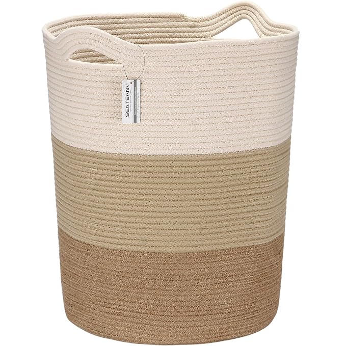Sea Team Large Size Cotton Rope Woven Storage Basket with Handles, Laundry Hamper, Fabric Bucket, Drum, Clothes Toys Organizer for Kid's Room, 20 x 14 inches, Round Open Design, White & Khaki