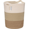 Sea Team Large Size Cotton Rope Woven Storage Basket with Handles, Laundry Hamper, Fabric Bucket, Drum, Clothes Toys Organizer for Kid's Room, 20 x 14 inches, Round Open Design, White & Khaki