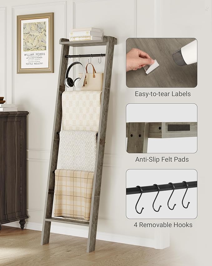 Blanket Ladder Shelf, Decorative Quilt Rack,6-Tier Farmhouse Ladder Holder Organizer with 4 Removable Hooks, Greige BR35805B