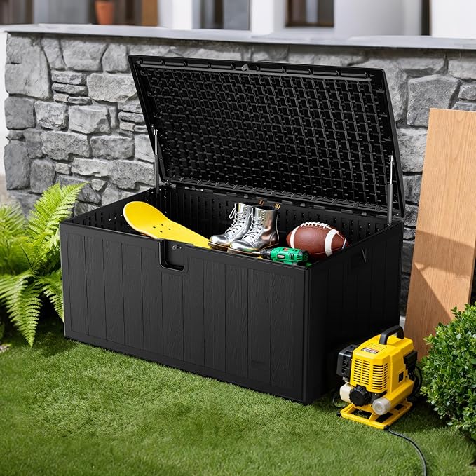 JEKO&JEKO 130 Gallon Outdoor Storage Box, Large Plastic Deck Box with Lockable Lid for Patio Furniture, Garden Tools, Outdoor Cushions and Shoes, Black