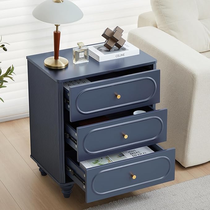 3 Drawer Fluted Dresser for Bedroom, Mid Century Modern Chest of Drawers, Wood Storage Small Dresser Organizer for Bedroom Living Room Hallway Closet, Blue