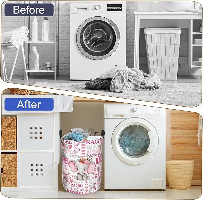 Custom Name Laundry Hamper, Personalized Elephant Laundry Basket with Name for Boys Girls Kids Men Women, Customized Name Dirty Clothes Basket Gifts for Clothes Toy Bathroom Bedroom Laundry Room Dorm