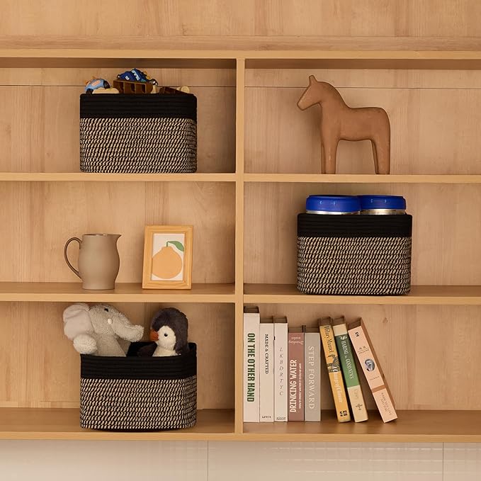 Small Organizing Baskets for Cubes Shelf, 9.7x9.7x7.1 Inch Rope Woven Storage Bins for Nursery Shelves Storage, Cute Toy Basket, Square 3 Packs Black Brown