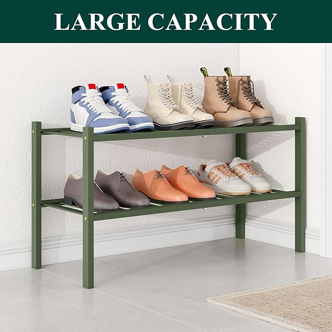 Smiry Bamboo Shoe Rack for Closet, 2 Tier Wooden Stackable Shoe Organizer, Free Standing Shoes Storage Shelf for Entryway, Front Door Entrance, Green