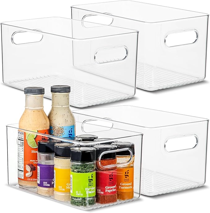 primebox Plastic Food Storage 4 Pack Clear Container Bin with Handles for Organizing Kitchen, Pantry, Fridge, Freezer, Pantry,Bathroom. 10"x6"x5"