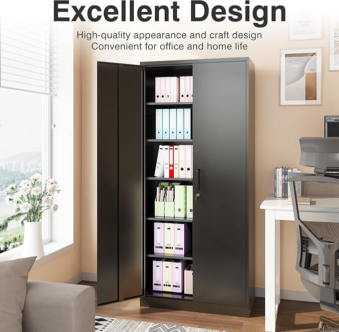 SISESOL Wide & Deep Metal Storage Cabinet with 2 Doors and 6 Shelves,72x36x18 Garage Storage Cabinet,Tall Black Locking Metal Cabinets with Lock,Steel Locked Cabinets for Home,Office,Garage,School