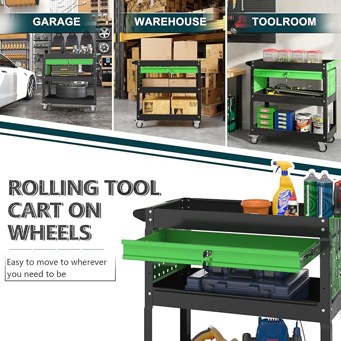 3 Tier Rolling Tool Cart on Wheels with Locking Drawer - Metal Service Cart Industrial Utility Cart for Mechanic - 350 LBS Mobile Storage Organizer for Garage (Black-Green)