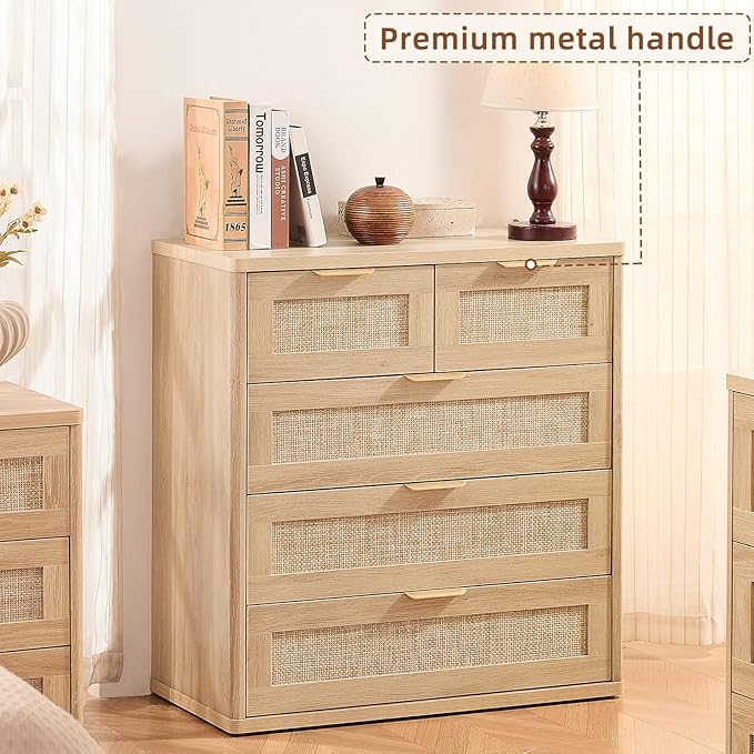 LEYAOYAO Rattan Dresser for Bedroom, 33.5" Tall Chest of Drawers, Modern 5 Drawers Boho Dressers with Storage, Light Oak Dresser Wooden Closet Organizer for Living Room, Hallway, Natural Wood