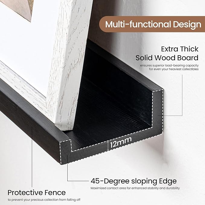 Picture Ledge Shelf, Floating Shelves Set of 2, 40 Inches Solid Wood Nursery Book Shelves for Toys Storage, Kids Bookshelf Wall Mounted for Living Room Bedroom Decor Books Photo Frames, Black