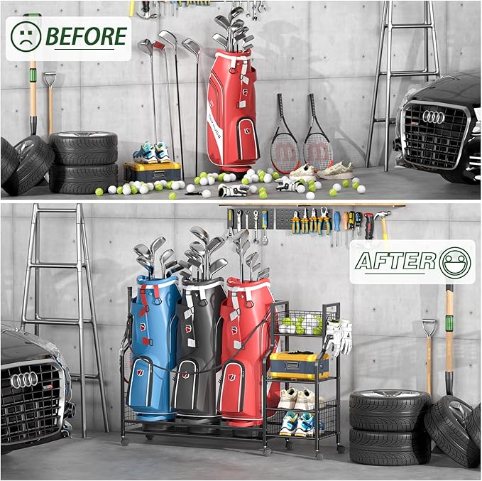 Golf Bag Storage Rack for Garage with Wheels, Organizer for Golf Bag and Equipment Accessories, Golf Organizer Stand Ideal for Home, Garage, Club, Shed, Basement - Sturdy and Durable (Black)
