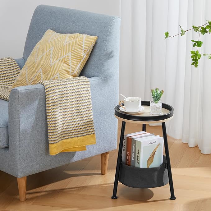 Small Round End Table, 2 Tier Side Table with Storage Basket, 11.8'D*17.8'H, Sofa Side Table, Small Round Nightstand