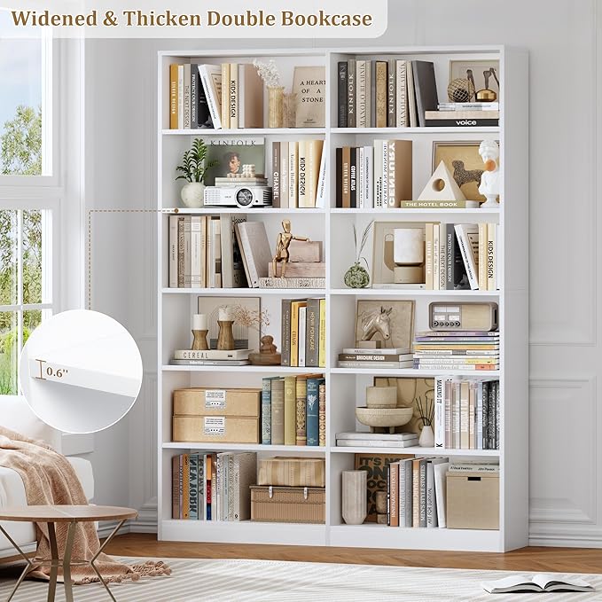 FACBOTALL Bookshelf and Bookcase, 6-Tier Double Wide Bookshelves,Freestanding Display Storage Shelves, Tall Bookcases for Home Decor Bedroom, Living Room, Home Office,White