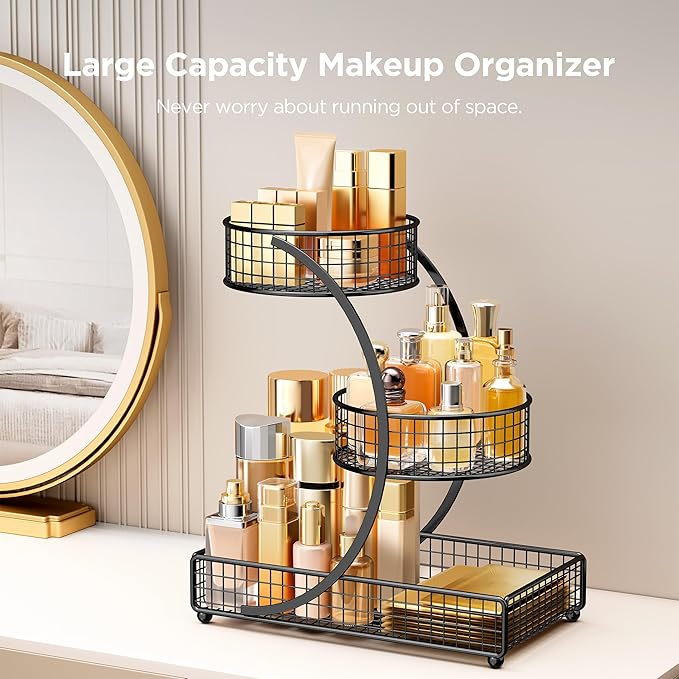 HBlife Makeup Organizer for Vanity, 3 Tier Metal Bathroom Countertop Organizers Skin Care Storage, Bathroom Counter Shelf Skincare Holder Perfume Cosmetic Display, Black