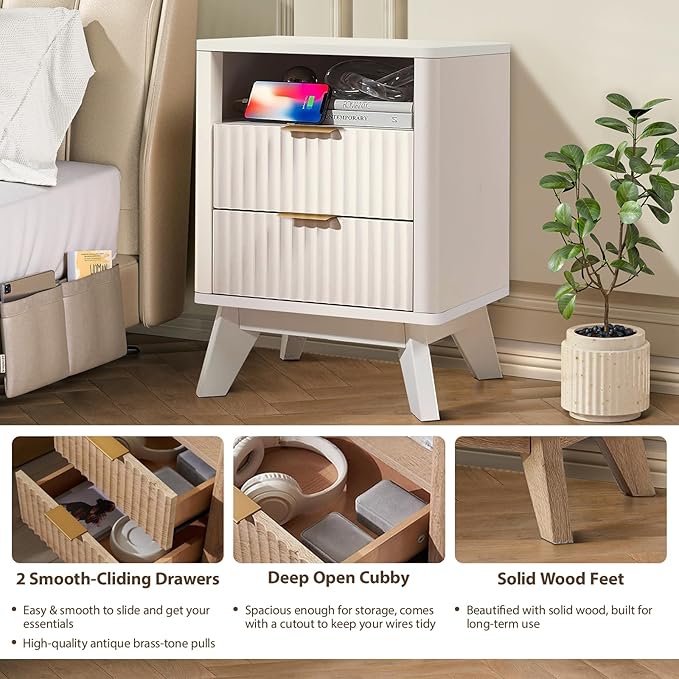Fluted Nightstand - 24" Modern Bedside Table w/ 2 Drawers, Wood Bed Side End Table with Open Shelf, Night Stand with Storage Drawer, Curved Design Night Stands for Bedroom Living Room (White)
