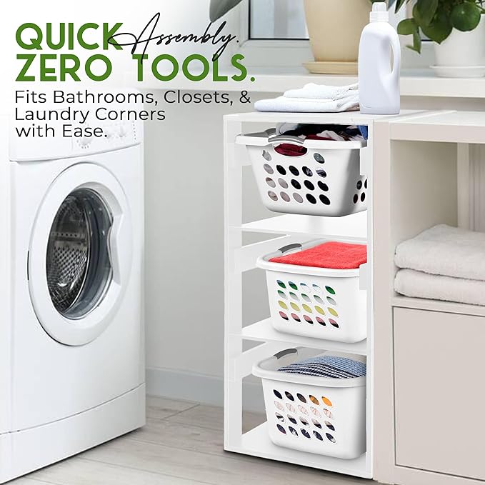 Laundry Basket Holder Shelf – Stackable Engineered Wood Laundry Tower, Tiered Hamper Organizer for Bathroom, Bedroom, Closet (White, 3 Tier)