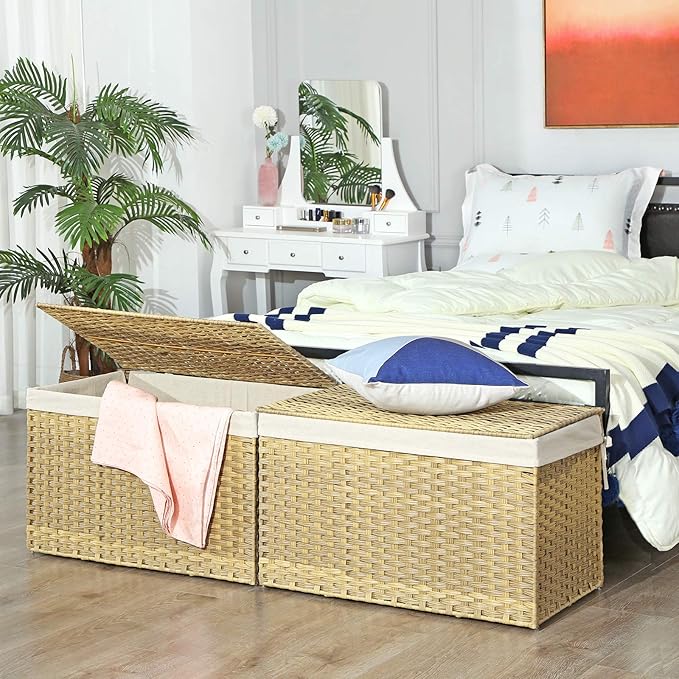 SONGMICS Storage Basket with Lid, Woven Blanket Storage Bin with Handles, Foldable, Removable Liner, Metal Frame, for Bedroom, Laundry Room, 42.3 Gallons (160 L), Natural URST76NL