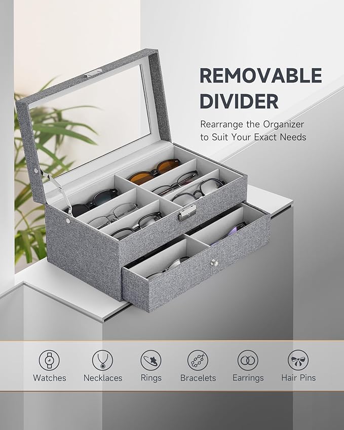 CO-Z Sunglasses Organizer with 12 Slots, Linen Eyeglasses Storage Box for Women Men, 2 Story Lockable Display Case for Multiple Glasses, Sunglasses Jewelry Collection Holder with Drawer, Grey