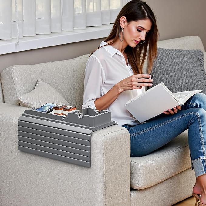 Couch Armrest Table, Sofa Arm Tray with Detachable Couch Cup Holder - 2 in 1 Anti-Slip Foldable Sofa Armchair Caddy Table for Drinks Cellphone TV Remote Snacks (Gray)