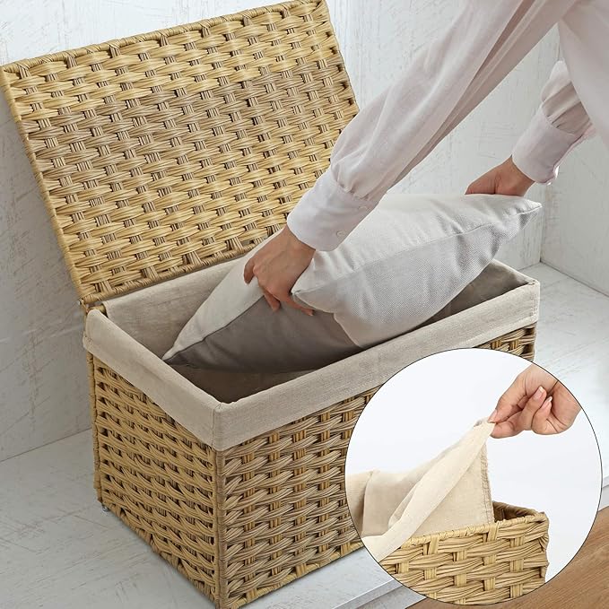 SONGMICS Storage Basket with Lid, Woven Blanket Storage Bin with Handles, Foldable, Removable Liner, Metal Frame, for Bedroom, Laundry Room, 17.2 Gallons (65 L), Natural URST56NL