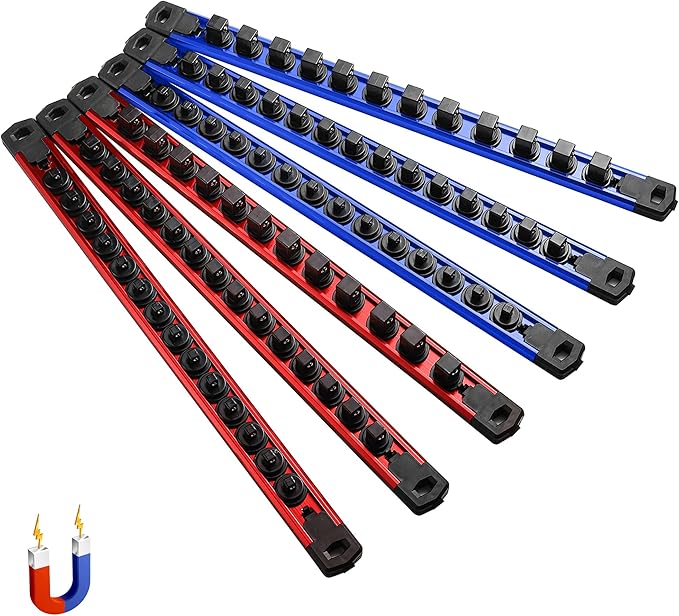 ALOANES 6-Piece Magnetic Socket Organizer, Heavy Duty Aluminum Socket Rails Organizer, 360° Swivel Clips Socket Holder Kit for Tool Box, 1/2, 3/8, 1/4-Inch Socket Holder x 80 Clips (Red&Blue)