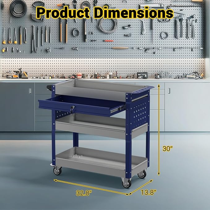 3 Tier Rolling Tool Cart on Wheels, 550 LBS Tool Cart with Drawers，Heavy Duty Utility Cart with Pegboard and Hooks，Mechanic Tool Storage Cart for Garage, Warehouse and Repair Shop(Gray-Blue)