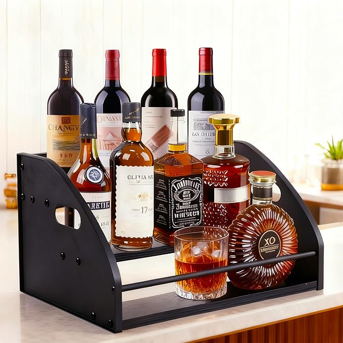 Premium Metal Design - Strong Liquor Bottle Display Shelf, 3 Steps Extra Large Rustic Mini Bar, Countertop Coffee Syrup Organizer with Handles, Ideal Gift for Dad & Liquor Enthusiasts