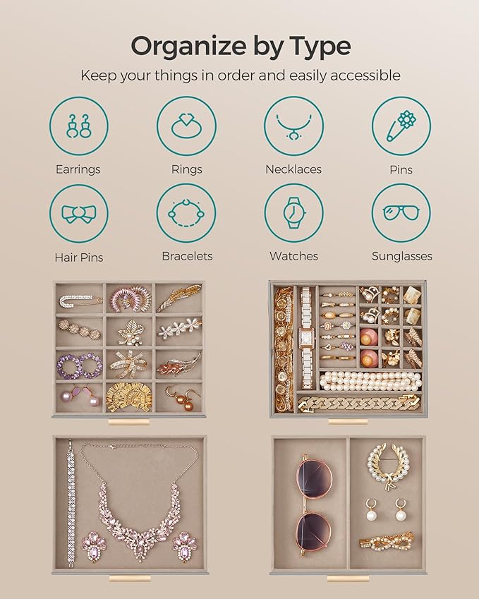 SONGMICS Jewelry Box Organizer with Glass Lid, 4-Layer Jewelry Storage, with 3 Drawers, Modern Style, Christmas Gift, 8 x 9.1 x 6.5 Inches, Dove Gray and Gold Color UJBC173G01