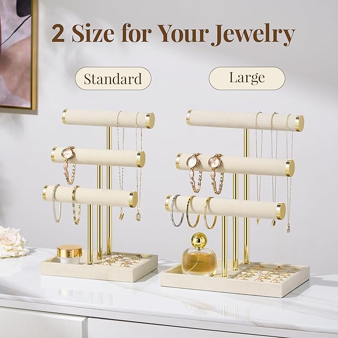 3 Tier Bracelet Holder Display - Detachable T Bar Beige Velvet Bracelet Holder, Jewelry Holder Organizer for Bracelet, Necklace, Earrings, Rings