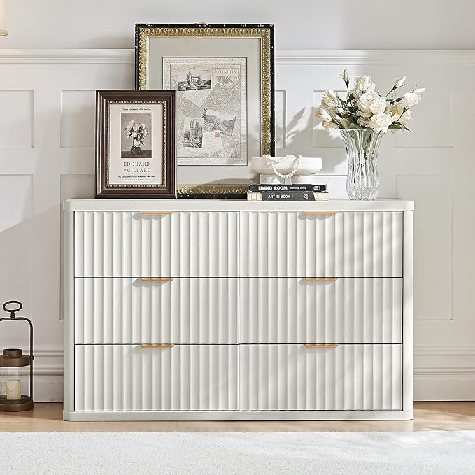 LEYAOYAO Fluted 6 Drawers Dresser, 48" Wide Modern Chest of Drawers with Wood Grain Top, Curved Profile Design, Dresser TV Stand, Wood Drawer Organizer for Bedroom, Living Room, Antique White