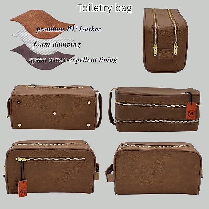 Dopp Gift Large Travel Toiletry Bag Premium Quality PU Leather Two compartments YKK Zippers Water-resistant Bottom Studs Mesh Pockets Durable Cosmetic Organizer BROWN