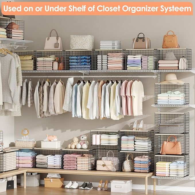 5-Tier Large Stackable Closet Organizer and Storage Basket, Sturdy Closet Shelf Organizer with Wood Top, Stackable Storage Bins Cubes for Clothes with Adjustable Shelf for Wardrobe Organization