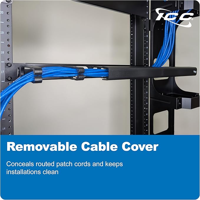 ICC 1U Ring Cable Manager Panel with Cover, Plastic with Metal Back Frame, 4" D-Rings, Horizontal Cable Management, Rackmount for 19” Network Racks, Black, 6-Pack
