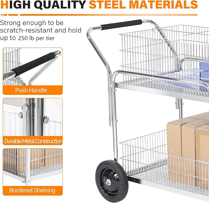 Mail Office File Cart, 400lb Capacity Heavy Duty Steel File Organizer Cart, 2 Shelf Basket Wire Office File Cart for Offices, Home, Warehouse，Court.