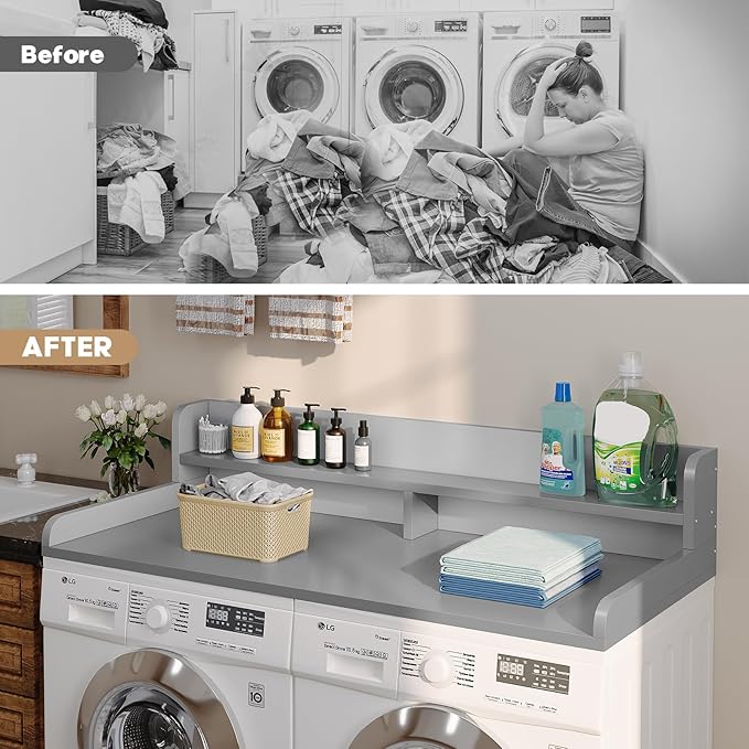 2-Tier Washer Dryer Countertop with 2.75" H Edge Rails, 58" W x 28" D Laundry Countertop for Folding Clothes, Washer and Dryer Topper with Non-Slip Pad (Gray)
