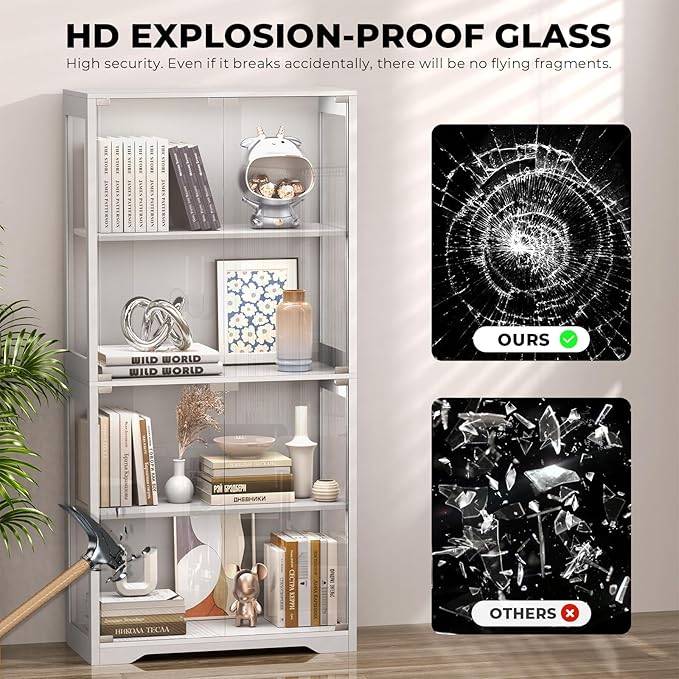 Display Cabinet with Glass Doors, 4-Tier Curio Cabinet with 3 Color Lights for Collectibles, Glass Display Case with Human Body Sensor, Bookcase with 4 Shelves, Storage Cabinets, White