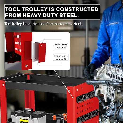 3 Tier Rolling Tool Cart on Wheels, Mechanic Storage Organizer, Rolling Work Cart with Pegboard for Garage, Workshop, Warehouse (Red and Black)