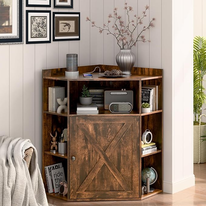 Corner Storage Cabinet, Farmhouse Corner Bookshelf with Storage 6-Cubby Wooden Cabinet with USB Ports and Outlets Industrial Organizer for Small Space, Study, Playroom, Living Room