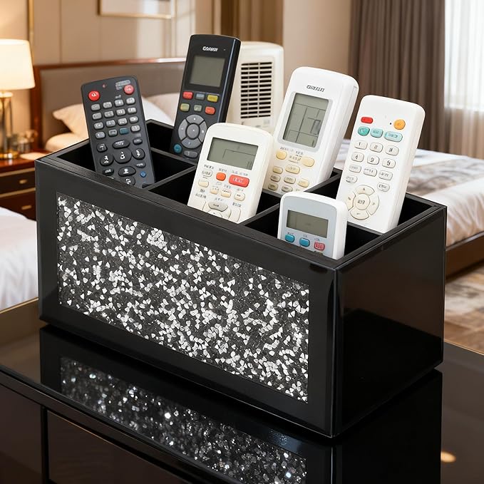 SHYFOY Remote Control Holder with 6 Compartments, Black Glass Desktop Organizer, Crystal Detail Design, 4.3x8.3x4 Inches, Multi-Purpose Storage Caddy for TV Remotes and Office Supplies