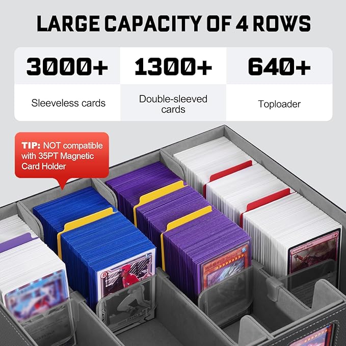 ZLCA MTG Storage Box 4-Row with Handle, MTG Deck Box Holds 3000+ Trading Cards with Portable Handle Removable Dice Tray, Commander Storage Card Case for Top Loaders TCG PTCG Sport Card(Black&Grey)