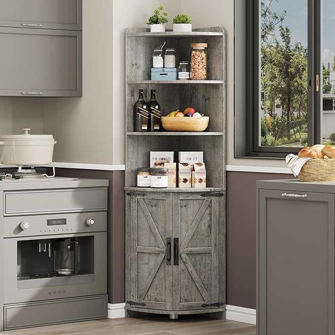 Vabches Tall Corner Cabinet, Farmhouse Corner Storage Shelf with 2 Doors and 6 Storage Shelves, Cabinet with Barn Door Design, Home Space Saver for Living Room, Kitchen, Bathroom, Grey