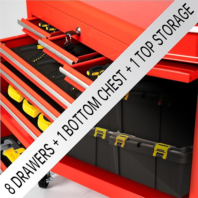 8-Drawer Rolling Tool Chest with Lockable Wheels, Sliding Drawers, Detachable Top & Adjustable Shelf – Heavy Duty Tool Storage Cabinet for Garage, Workshop & Home Organization